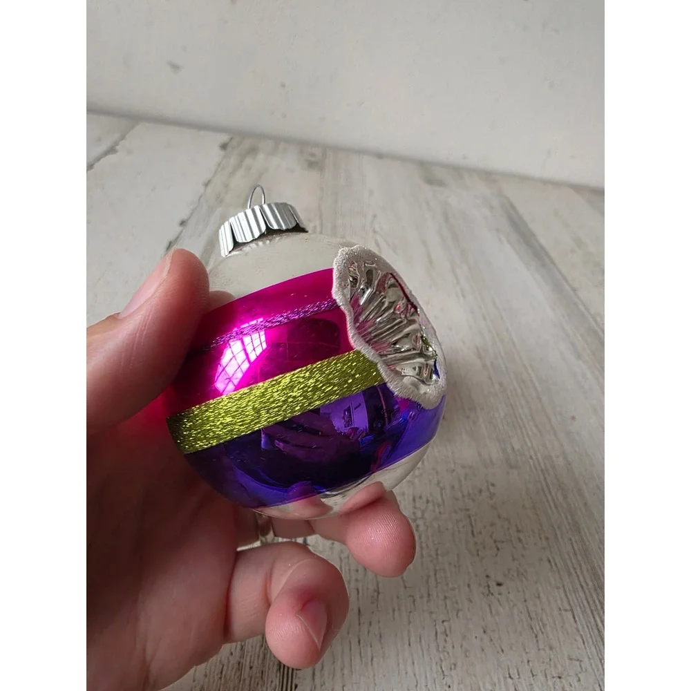 Vintage shiny brite indent striped glitter ball ornament pink purple green Xmas
